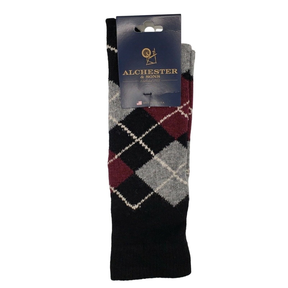 Black Crew Socks Wool Cashmere Blend Large Argyle Diamond Pattern Alchester NEW